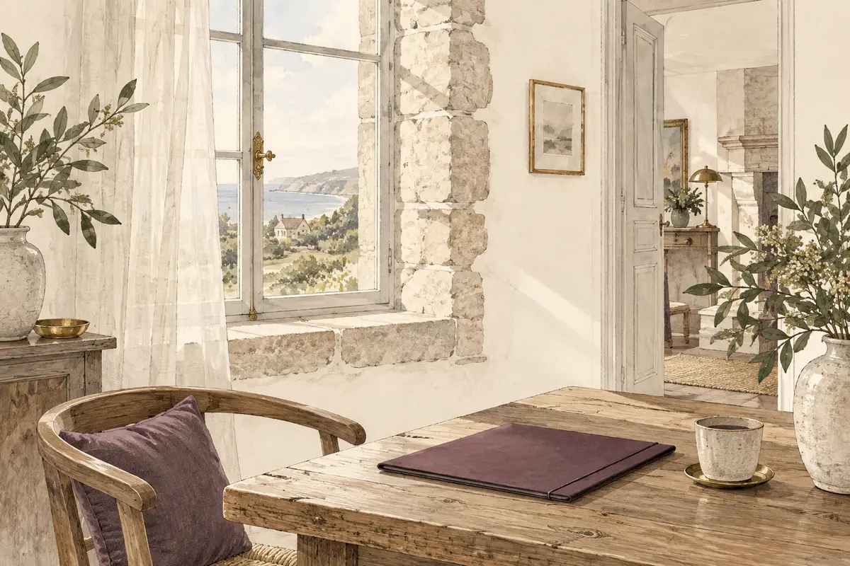 Illustration d’un chez-soi lumineux, avec une table en bois et un dossier prune.
