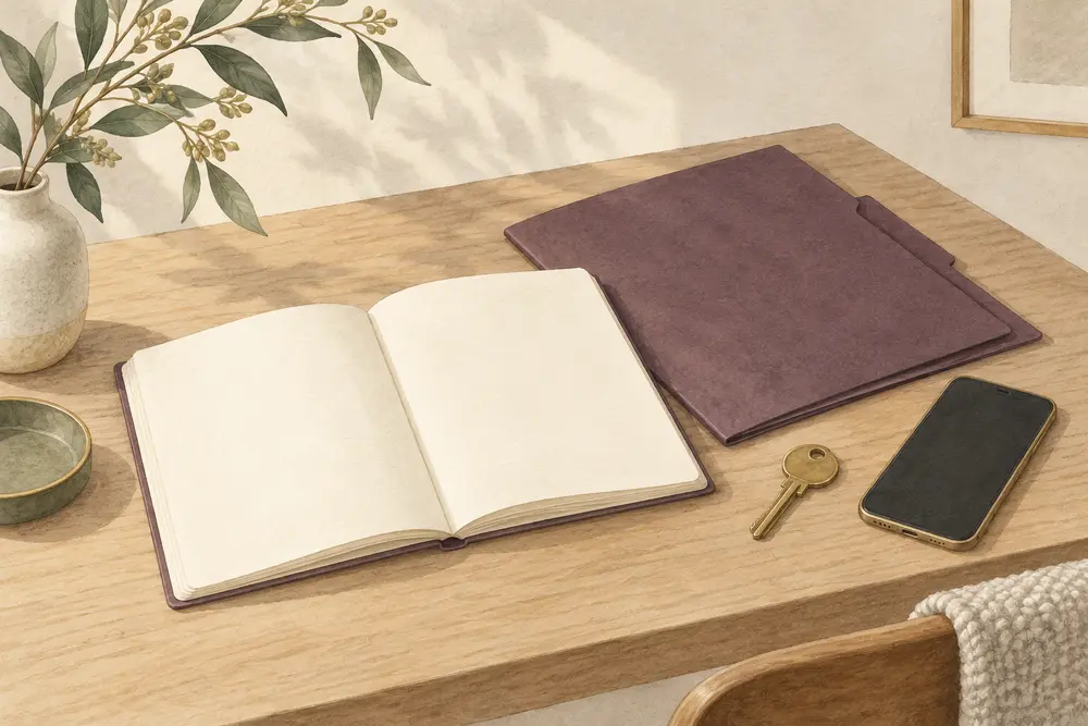 Illustration d’un carnet, d’un dossier, de clés et d’un téléphone pour préparer un premier échange.